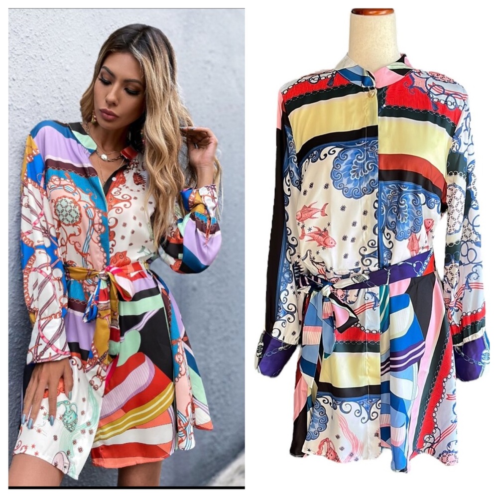 SHEIN Baroque And Chain Print Belted Shirt Dress